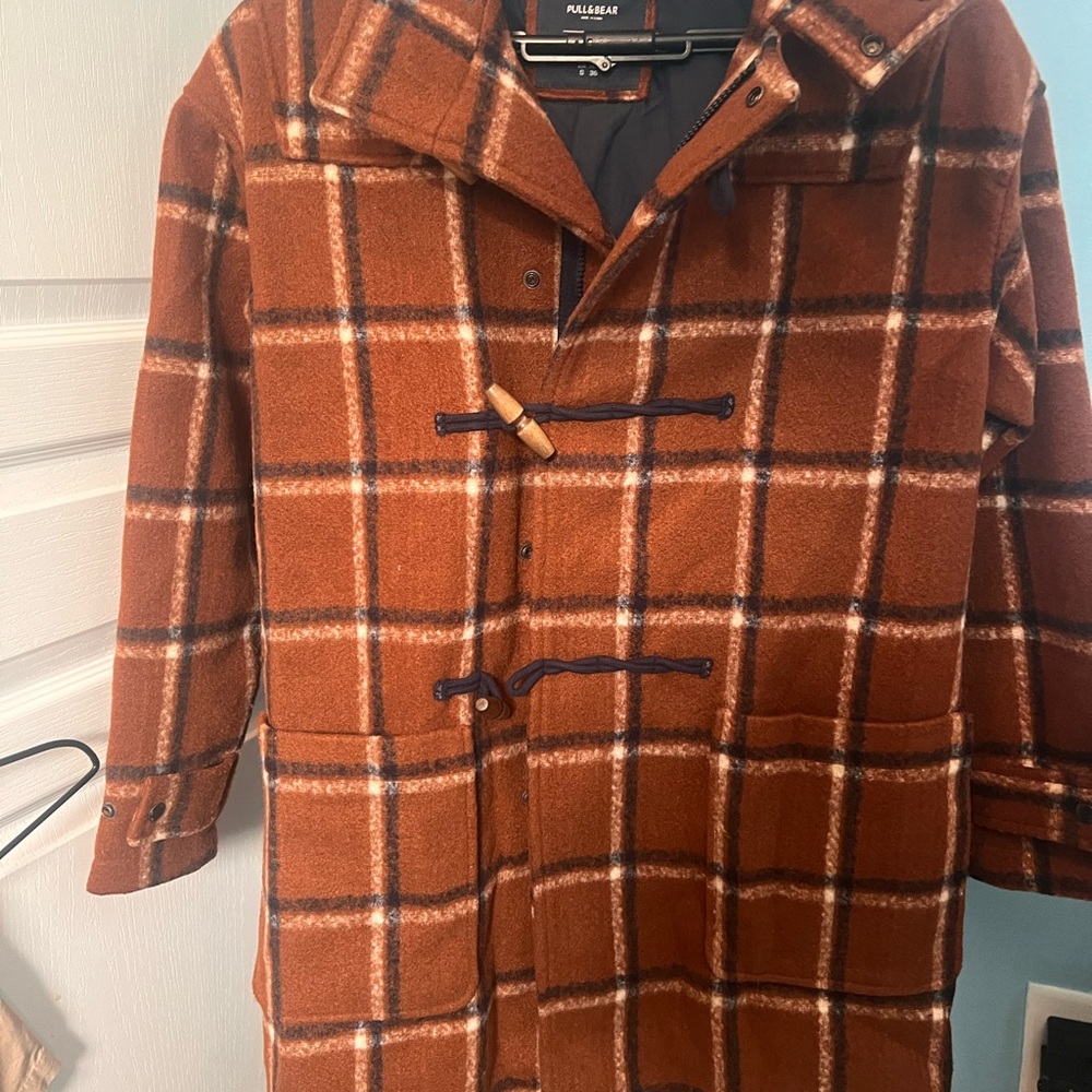 Pull&Bear Rust Brown Plaid Toggle Coat - image 1